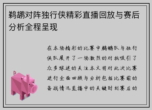鹈鹕对阵独行侠精彩直播回放与赛后分析全程呈现